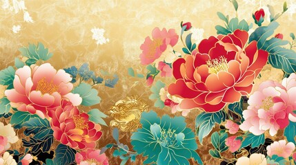 Wall Mural - A beautiful Chinese New Year greeting card featuring intricate floral patterns and a gold foil design of the year's zodiac animal.