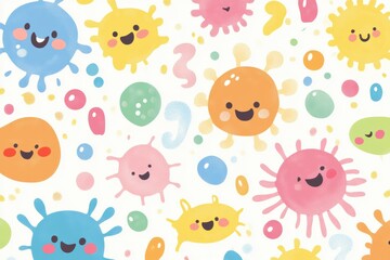 Aufkleber - Smiling cartoon microbes celebrate in a colorful design with a playful atmosphere for children and educational purposes. Generative AI