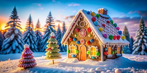 Wall Mural - Winter Wonderland Gingerbread House: Festive Candy Decorated Cottage in Snowy Landscape