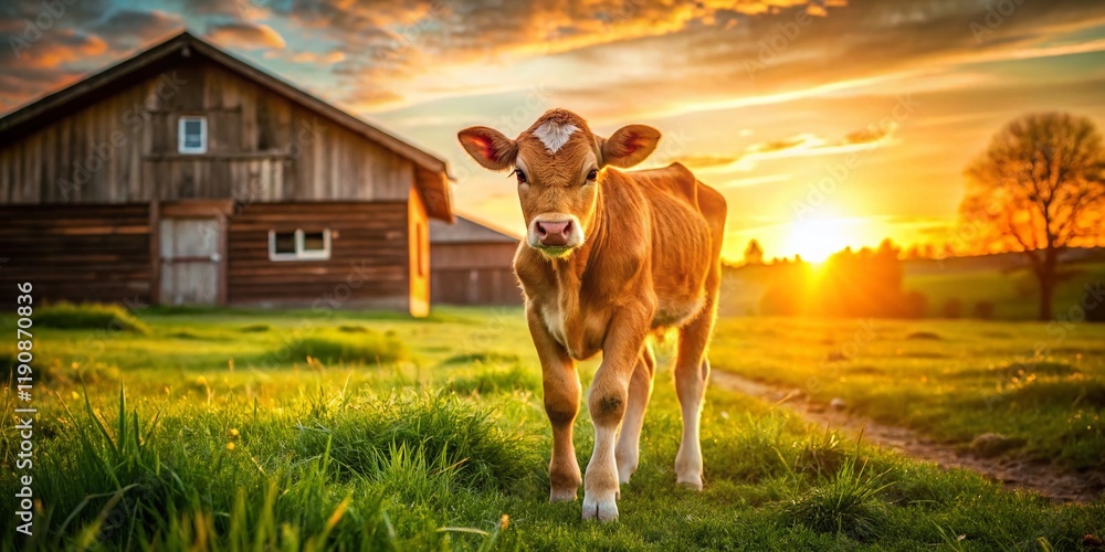 Young Calf Returning to Farm Pasture at Sunset - Adorable Farm Animal ...