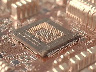 Wall Mural - closeup shot of a cpu chip on a circuit board. golden tones highlight intricate details, perfect for