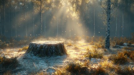 Poster - Sunbeams illuminate a frosty tree stump in a misty forest.