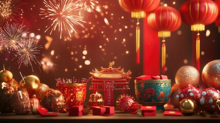 Wall Mural - A colorful Chinese New Year poster featuring fireworks, red envelopes, and festive decorations to welcome the Lunar New Year in style.