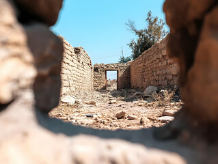 Ancient ruins passageway in desert, sunlit doorway visible through crumbling stone walls; historical archaeology, travel, exploration