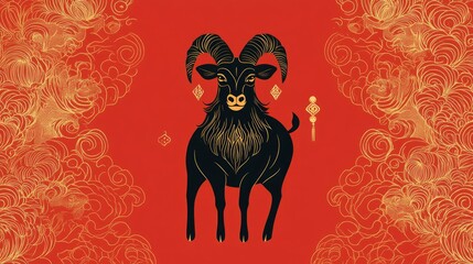 Wall Mural - A contemporary Chinese New Year illustration with a modern take on the zodiac animal, surrounded by elegant gold patterns and a minimalist red backdrop.