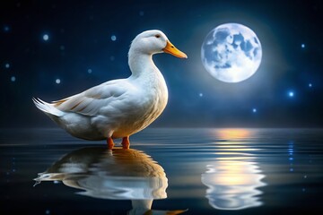 Majestic White Duck at Night, Serene Lakeside Scene