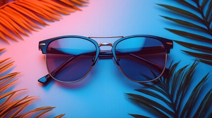 Wall Mural - Sunglasses surrounded by palm leaves on vibrant background.