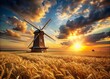 © Four888 - Majestic Windmill in Golden Wheat Field at Sunset - Long Exposure Photography