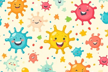 Aufkleber - Cartoon microbes with cheerful expressions in a colorful, playful design on a light background. Generative AI