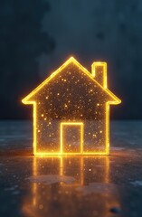 Transparent gold luminous symbol of house on grey concrete background with golden glitter. Real estate, realtor, mortgage, insurance, booking, construction, insulation, heating. 