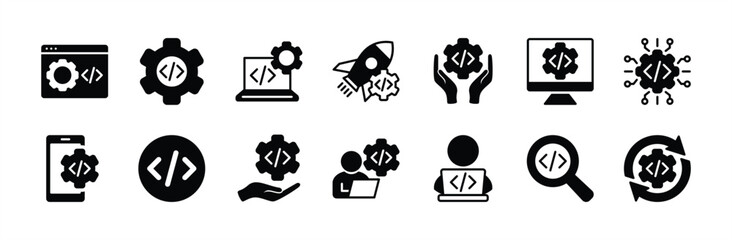 programming coding icon vector set. containing software development, web page, computer program, pro