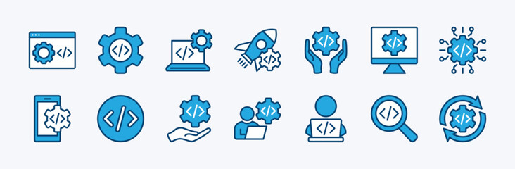 Set of programming coding icon. Contains Software development, web page, computer program, programmer, developer, app, developer, information technology, testing, process, startup. Vector illustration