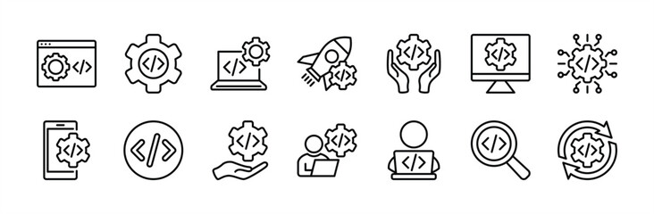 programming coding line icon set. containing software development, web page, computer program, progr