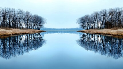 Wall Mural - a tranquil landscape featuring a calm, reflective lake bordered by leafless trees under a serene blu