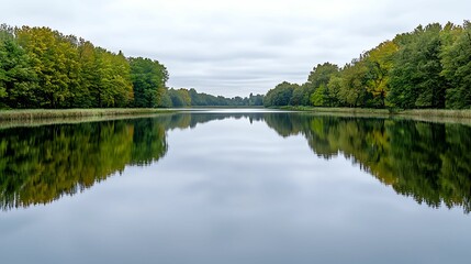 Wall Mural - a serene, reflective lake surrounded by lush forest, under a cloudy sky, creating a tranquil and pic