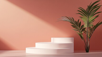 Fototapete - White round display stand with palm tree on pink background showing sunlight beams creating shadow