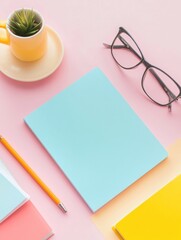 Poster - Social media design featuring pastel stationery and a stylish cup on a pink background for creative inspiration. Generative AI