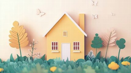 Poster - Cozy silhouette of a cheerful house amidst a vibrant garden filled with colorful plants and butterflies. Generative AI