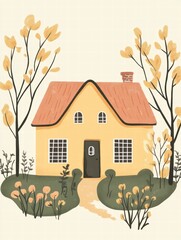 Poster - Cozy house with a warm garden surrounded by autumn trees creating a peaceful atmosphere near sunset. Generative AI