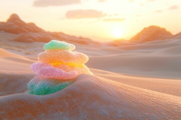 Wall Mural - a colorful stack of translucent stones glimmers in a sandy landscape during sunset, creating a seren