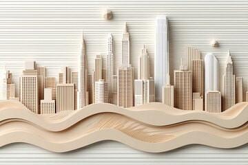 Wall Mural - a stylized paper-cut skyline of buildings in neutral tones, with flowing waves beneath, creating a m