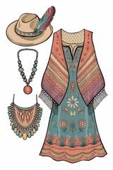 Wall Mural - Bohemian Fashion Outfit Featuring Dress Hat and Necklaces