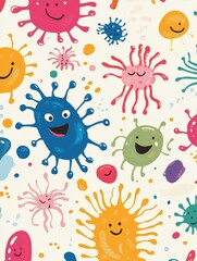 Aufkleber - Smiling cartoon microbes with vibrant colors create a cheerful microscopic world filled with joy and playfulness. Generative AI