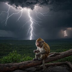 A monkey harnessing the power of lightning during a thunderstorm.