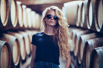 Wall Mural - Confident woman with sunglasses and long blonde hair posing in a rustic wine cellar with wooden barrels.