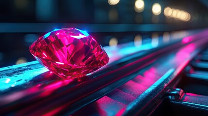 A large, faceted red gemstone resting on railroad tracks