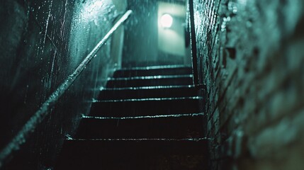 Poster - Rain falling on dark stairs at night with light at the top