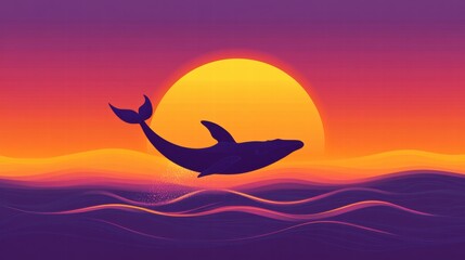 Poster - Whale breaches against a vibrant sunset over calm ocean waves. Generative AI