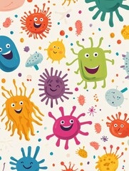 Aufkleber - Cartoon microbes with happy expressions playfully interacting on a colorful background filled with various shapes and sizes. Generative AI