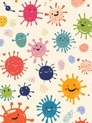 Aufkleber - Smiling cartoon microbes in vibrant colors creating a joyful atmosphere for children and educational themes. Generative AI