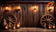 © Steve - a rustic wooden backdrop featuring vintage lanterns and wooden wheels creating a warm and nostalgic atmosphere