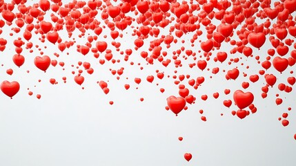 Canvas Print - Many red heart-shaped balloons falling on white background.