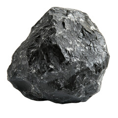 Poster - The image shows a single large dark grey rock with a rough and textured surface isolated against a black background.