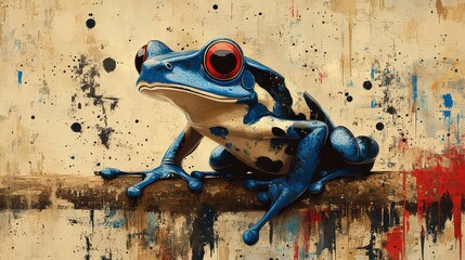 Wall Mural - Vibrant blue frog perched on branch, artistic background.