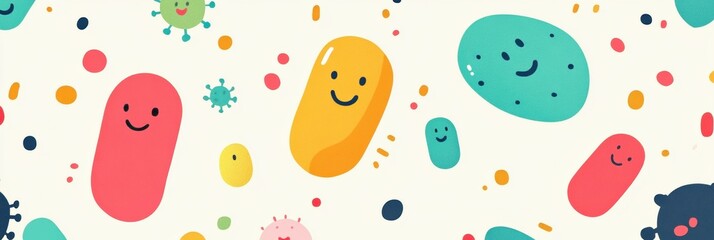 Aufkleber - Smiling cartoon microbes in a colorful background enjoying a playful and cheerful atmosphere in a whimsical setting. Generative AI
