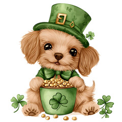 cheerful puppy wearing leprechaun hat holding pot of gold with shamrocks