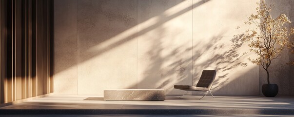 Poster - Modern minimalist living room interior with armchair and sunlight creating shadows