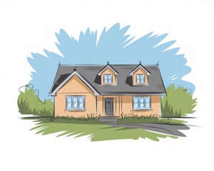 Canvas Print - A charming suburban house sketch with a gray roof