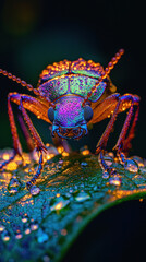 Canvas Print - Vibrant close up of jewel beetle with dew drops on leaf, showcasing its colorful iridescence and intricate details