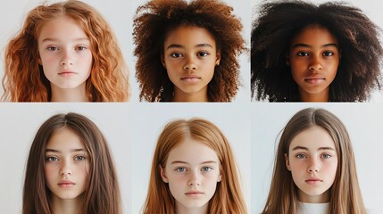 A clean and crisp collection of portraits of teenage girls, each showing unique facial expressions, shot against a white background for a modern and minimalist aesthetic