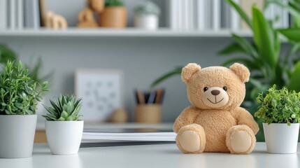 Wall Mural - Cozy teddy bear sitting on a desk surrounded by stationery and natural light from a window