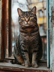 Wall Mural - Tabby Cat Sitting on a Window Sill Overlooking an Urban Street Scene with Vibrant City Life