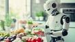 © Meawlee - Smart cooking robot preparing a healthy meal with fresh ingredients on a dining table.