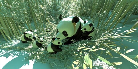 Wall Mural - Panda Family in a Bamboo Forest A Peaceful Gathering in Nature