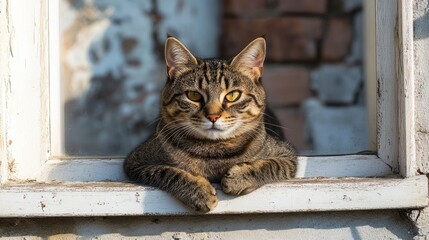 Wall Mural - Relaxed Cat Resting on a Windowsill in a Rustic Setting with Natural Light and Cozy Vibes