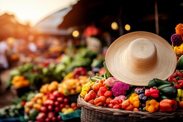 A colorful tropical market filled with exotic fruits, handmade crafts, and locals in vibrant attire